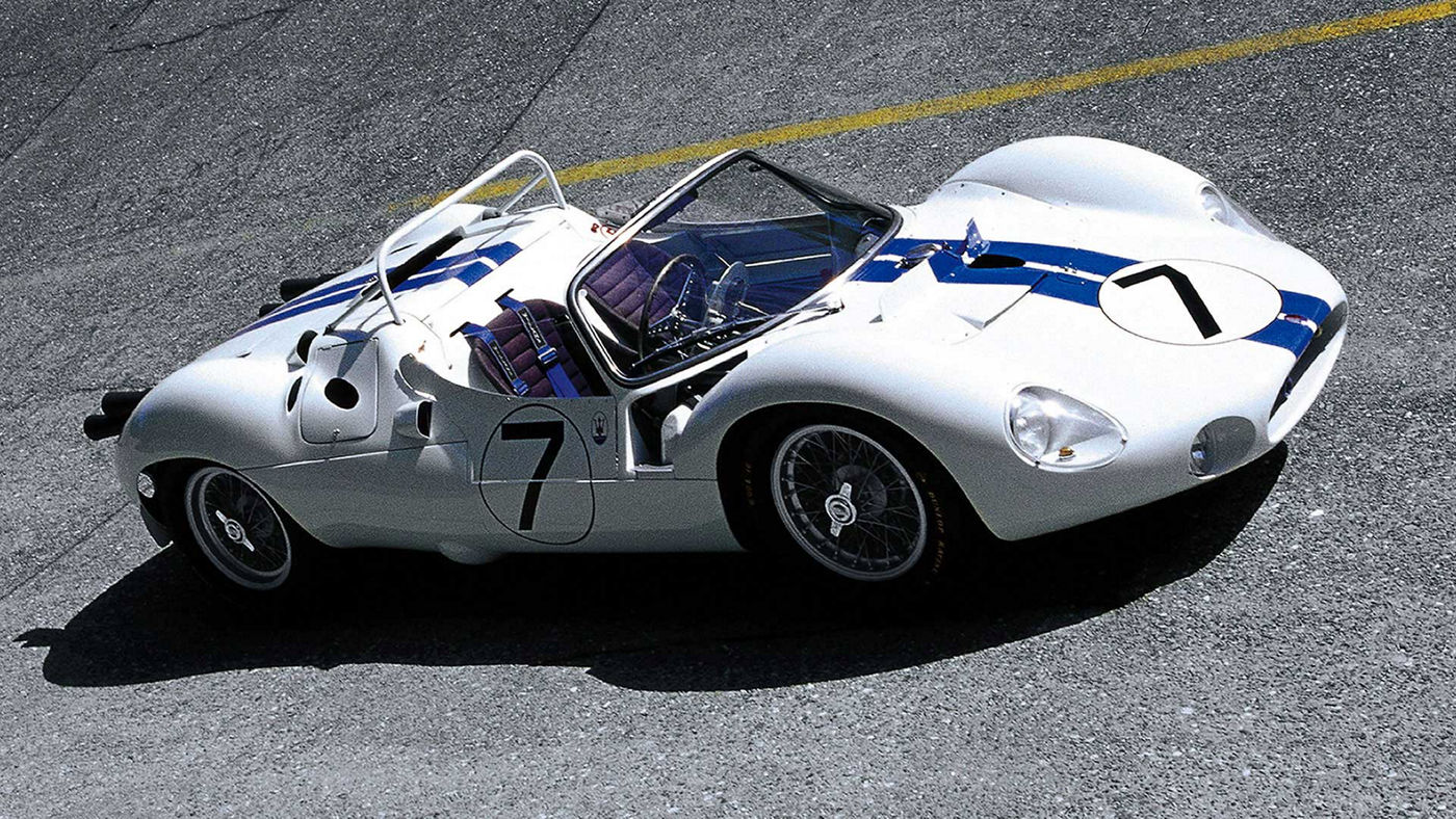 White Maserati Classic - Birdcage - Side view - On race track