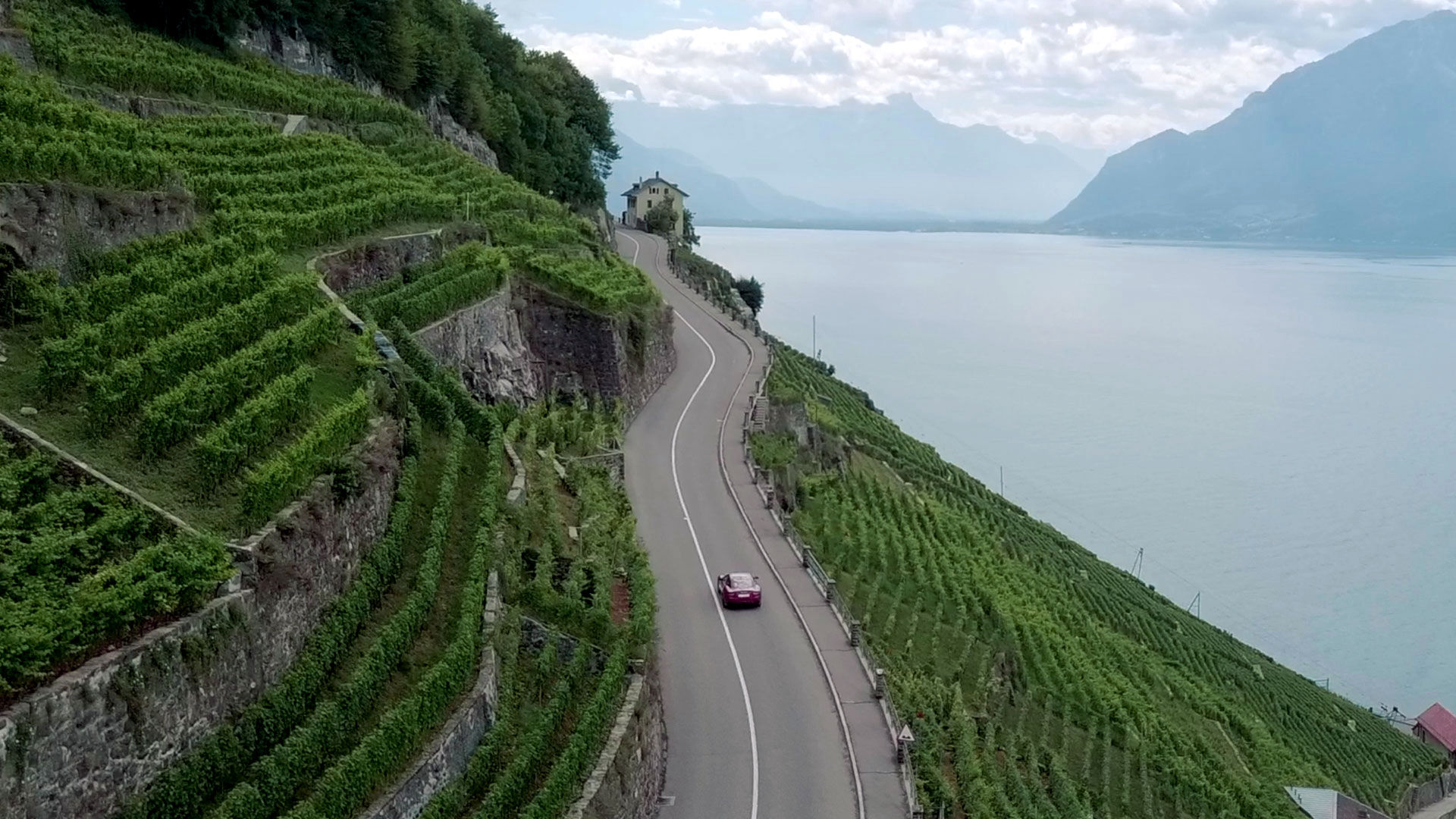 Maserati riding on a road near a lake with vineyards
