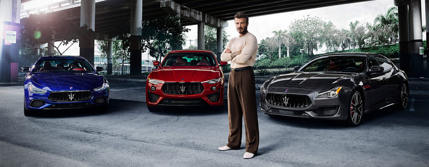 David Beckham in front of Maserati Trofeo Collection