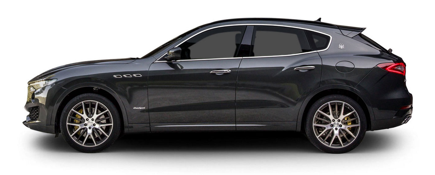 Dark grey Maserati Levante, left side view