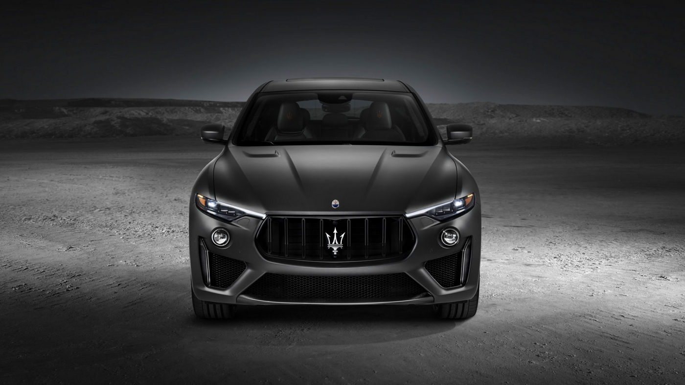 Front view of a gray Maserati Levante Trofeo SUV with a powerful new V8 engine