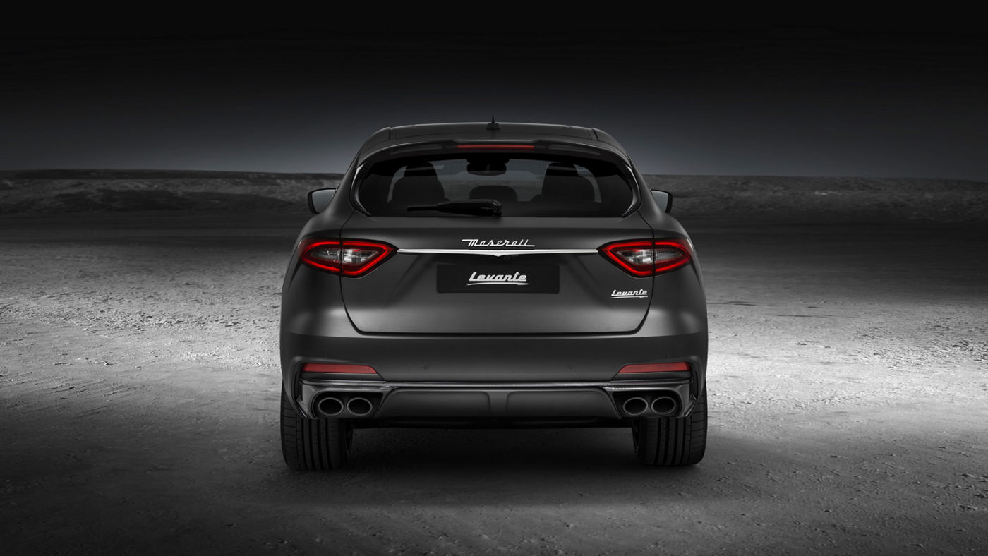 Rear view of a gray Maserati Levante Trofeo SUV with a powerful new V8 engine