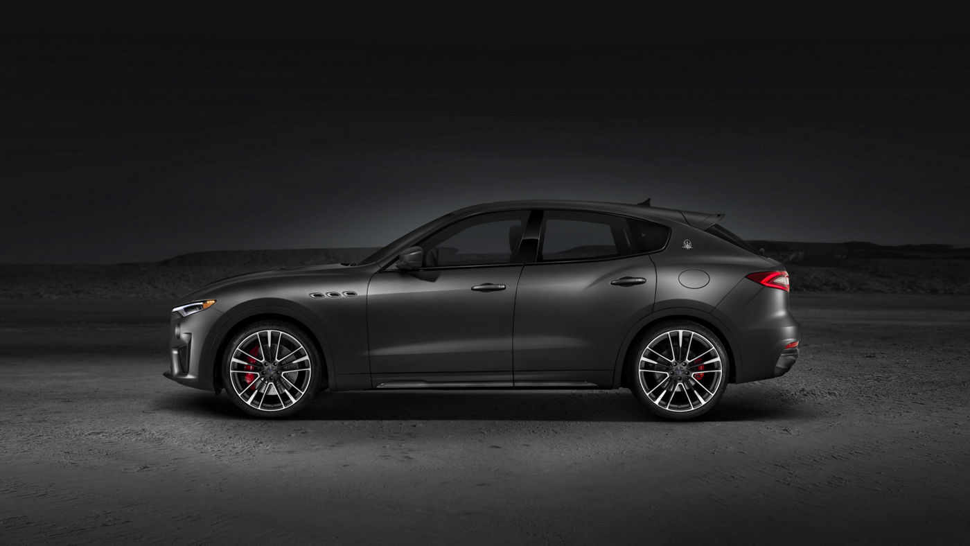 Side view of a gray Maserati Levante Trofeo SUV with a powerful new V8 engine