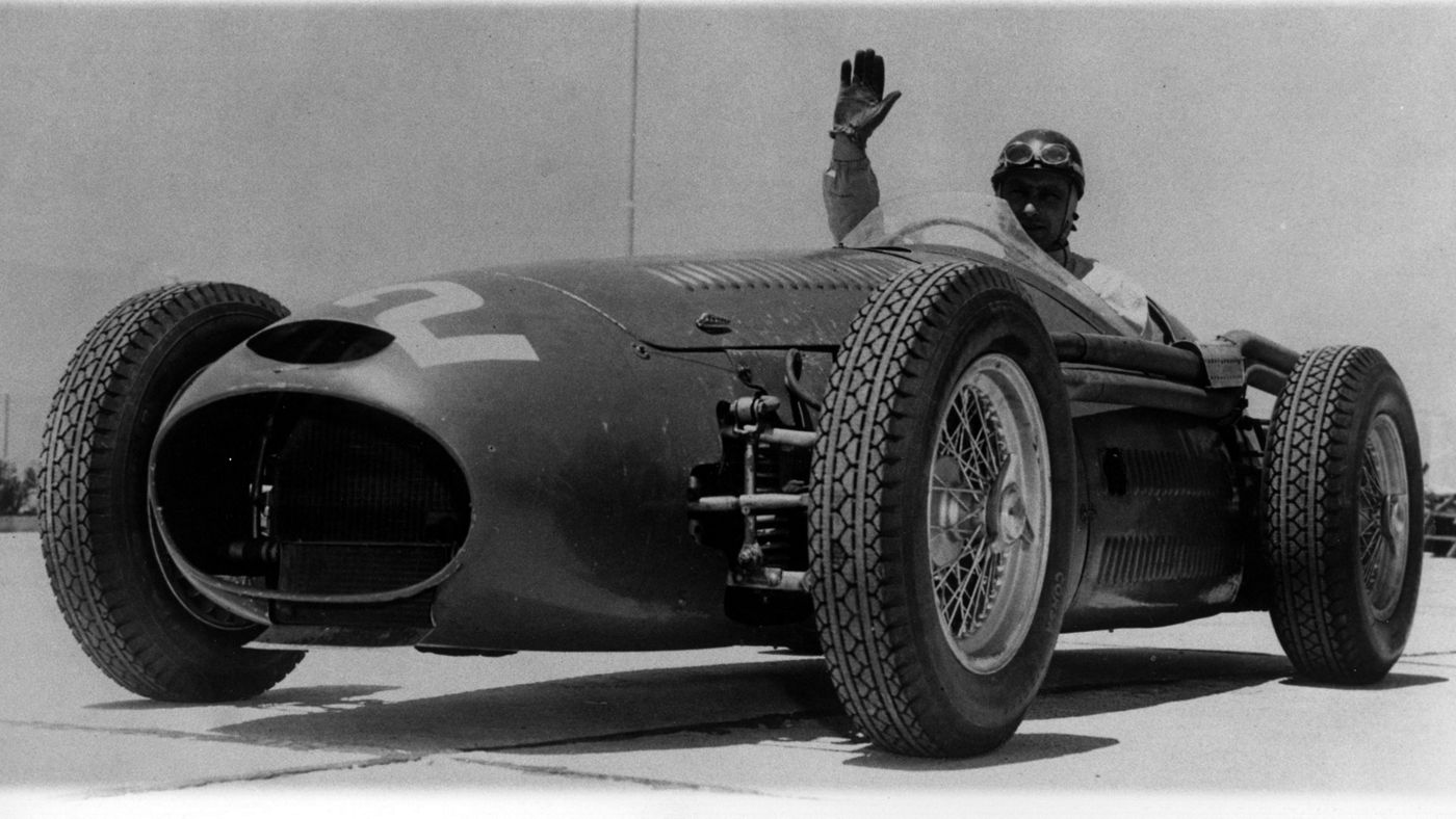 250F in black and white from 1954 driven by Juan Manuel Fangio