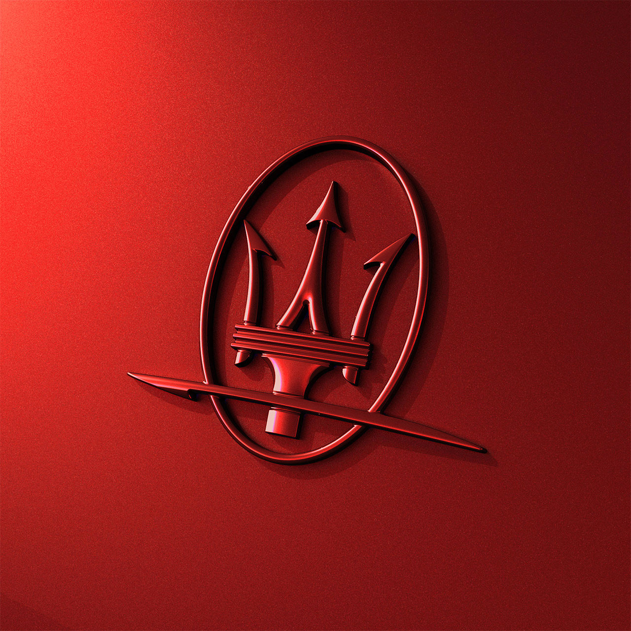 Détail du logo Maserati sur une F Tributo Edition Spéciale Levante