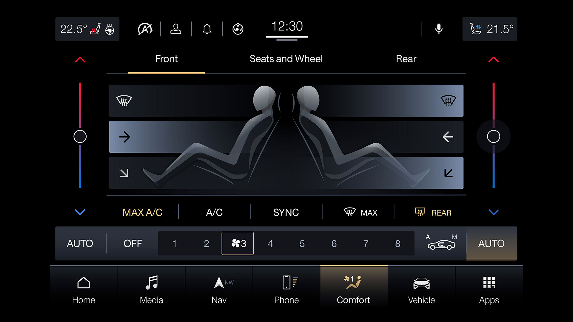 Détail de l'écran tactile contrôlant les fonctionnalités de l'air conditionné du véhicule Maserati