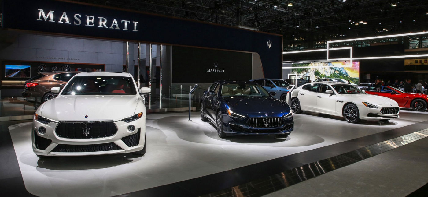 Maserati - front view - 2019 line-up with Levante, Ghibli, Quattroporte and GranTurismo Convertible