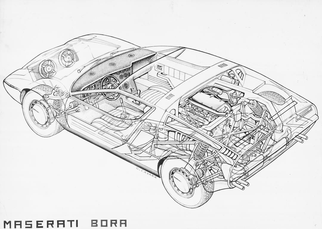 Maserati Bora - Durchsichtszeichnung - Skizze - 50. Geburtstag