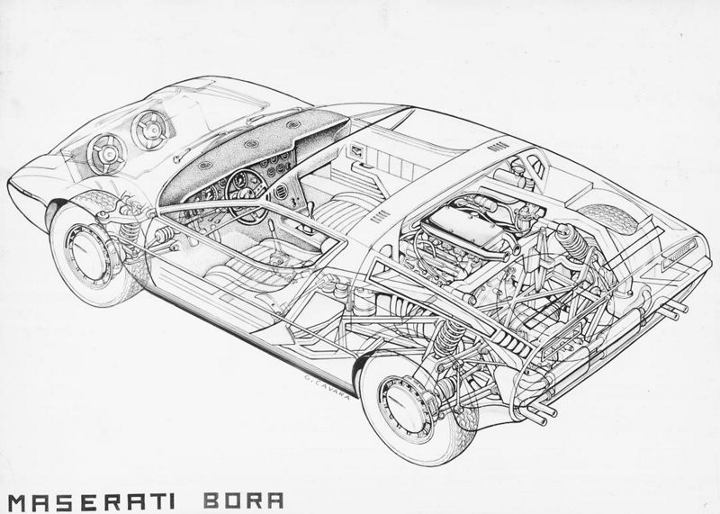 Maserati Bora - Durchsichtszeichnung - Skizze - 50. Geburtstag