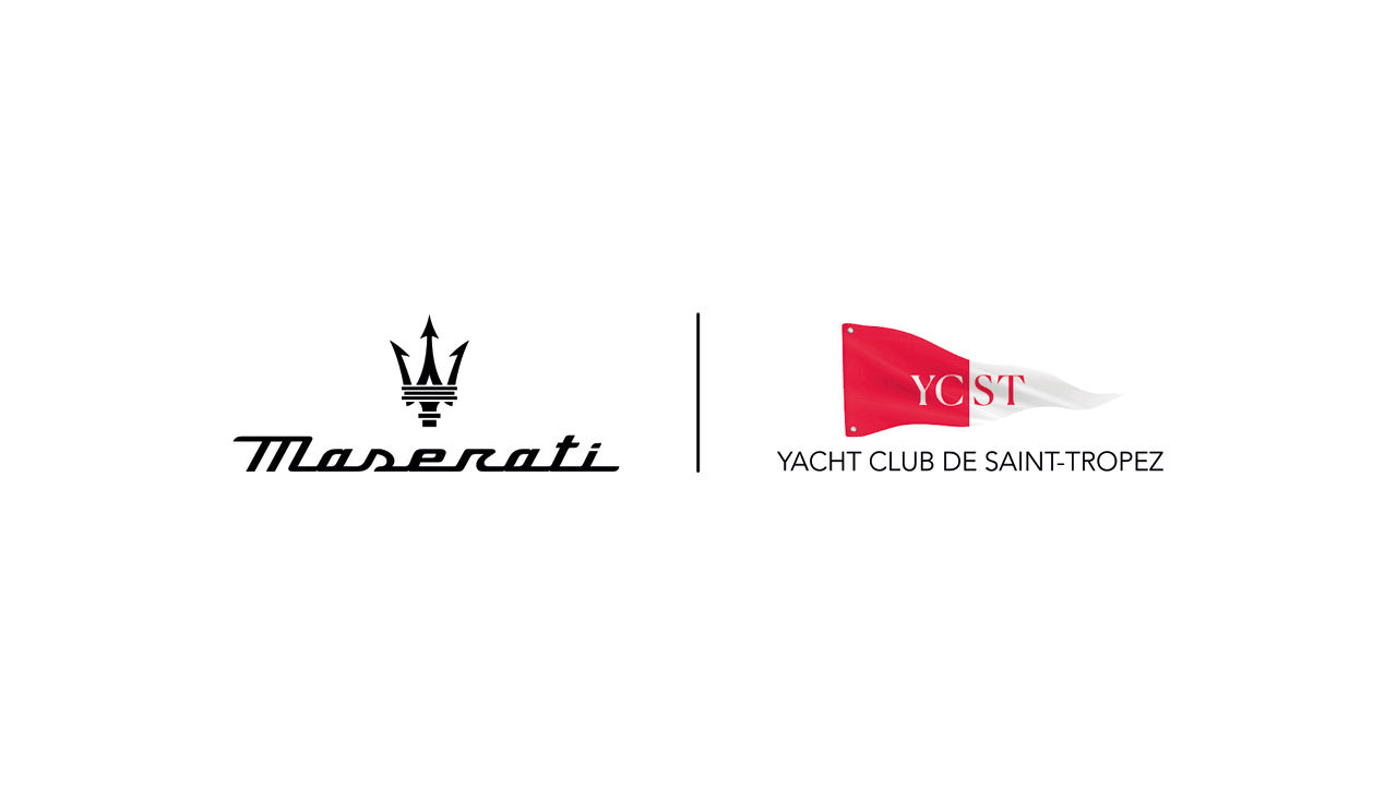 Maserati logo near logo of Yacht Club in Saint-Tropez