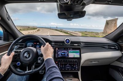 View of the cockpit of a Maserati Grecale while driving