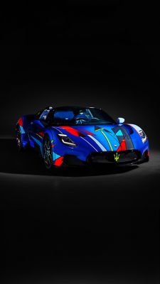 Maserati MC20 Cielo Opera d'Arte spyder super sports car with doors open, parked on a black background