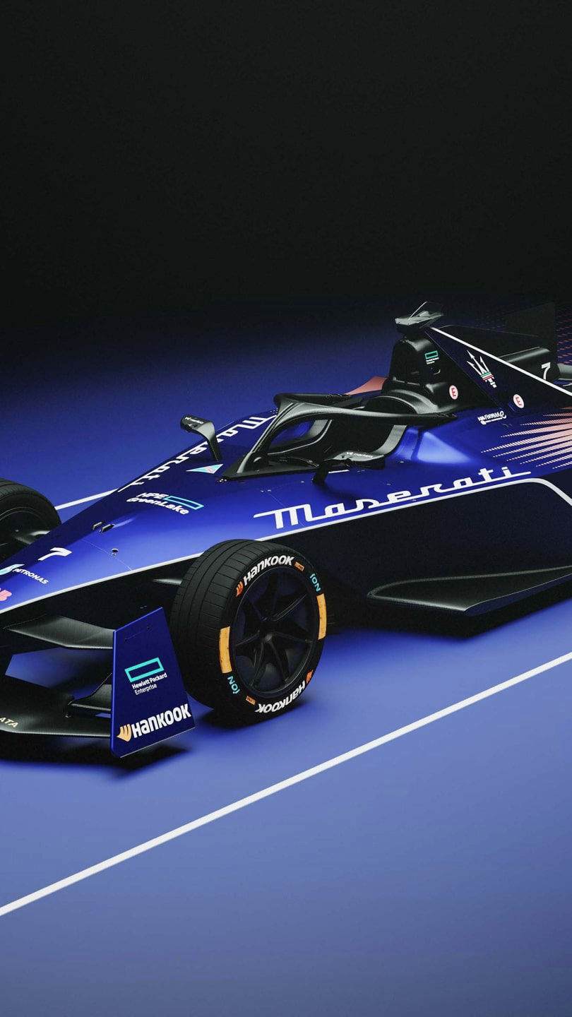 The Maserati Tipo Folgore car seen from the left profile on a blue background