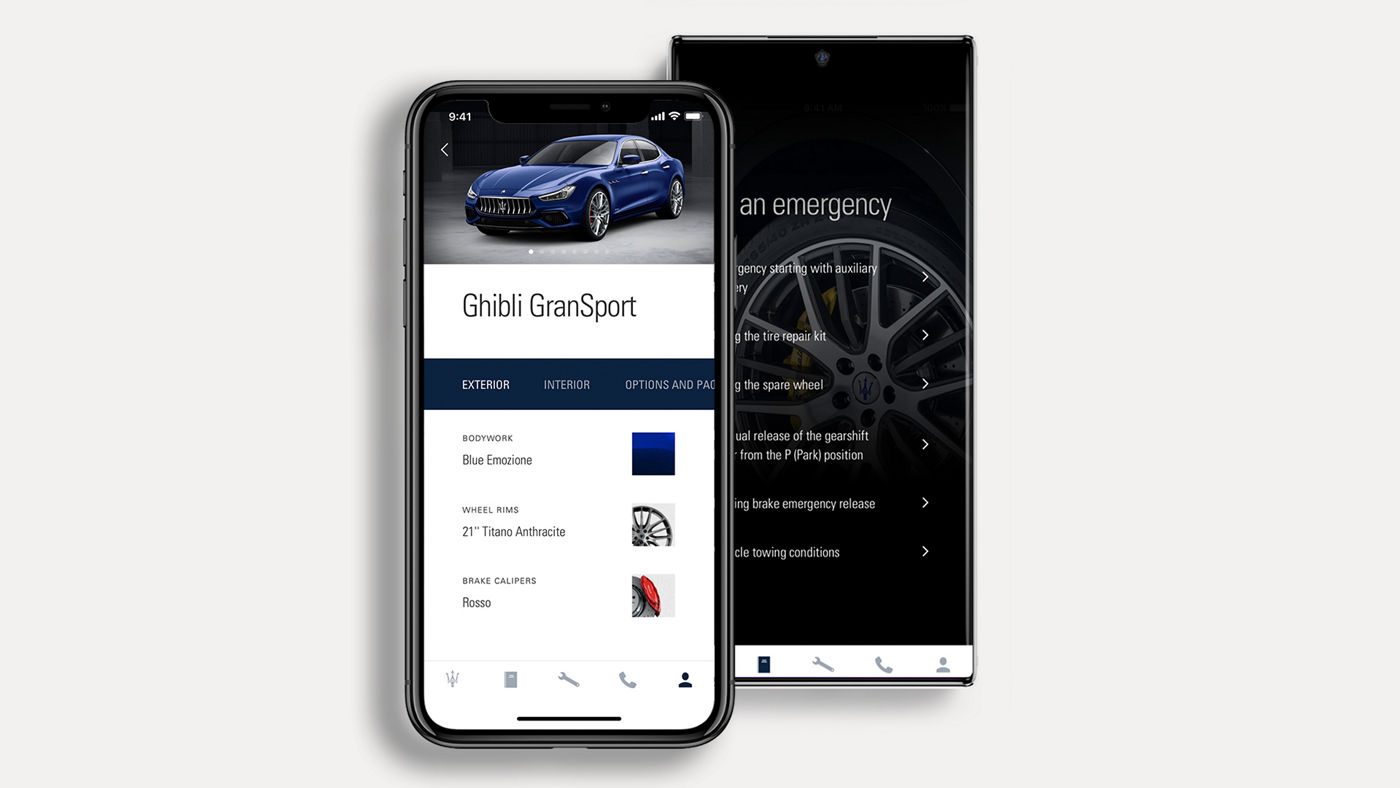 Two smartphones showing details of Maserati Ghibli GranSport and Emergency options 