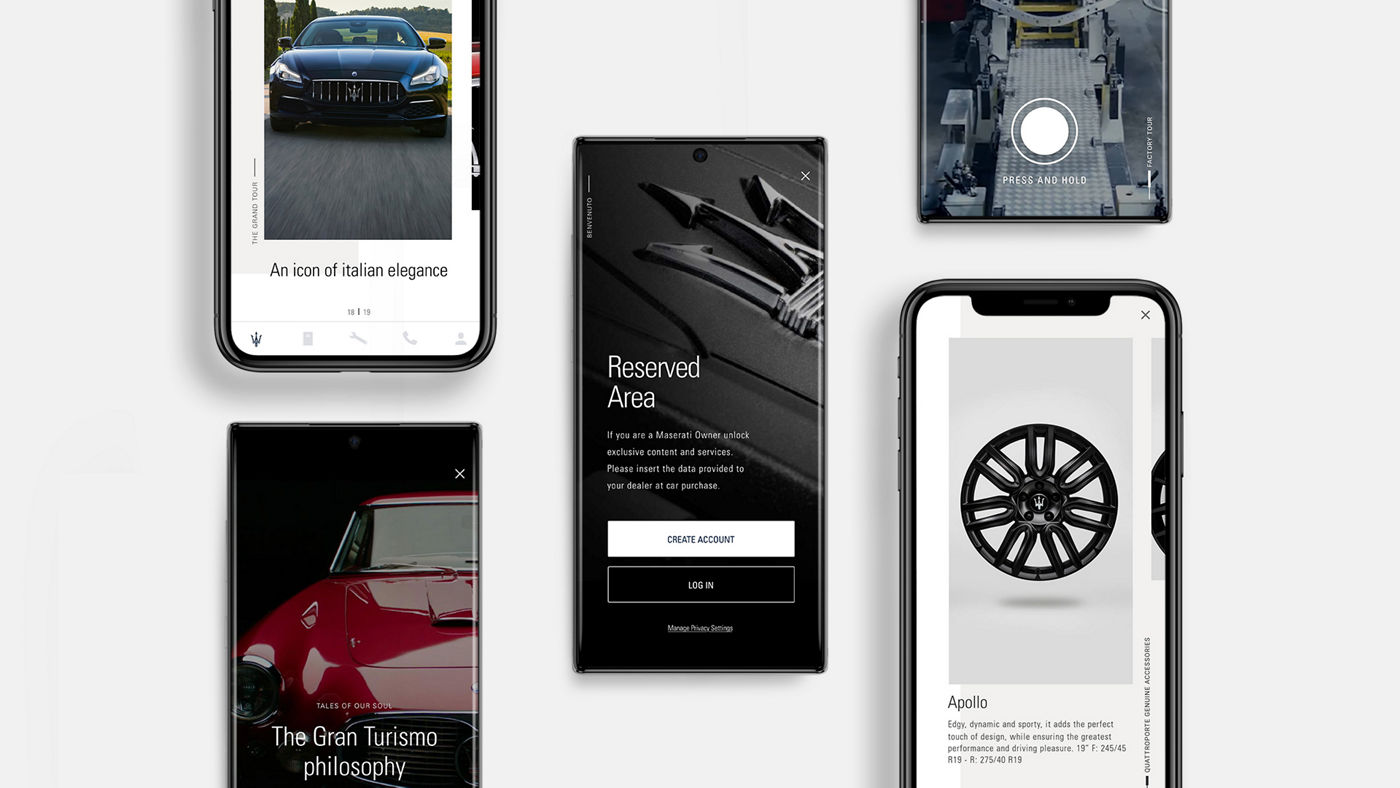 5 smartphones on a surface, different interfaces of the Maserati Connect app 