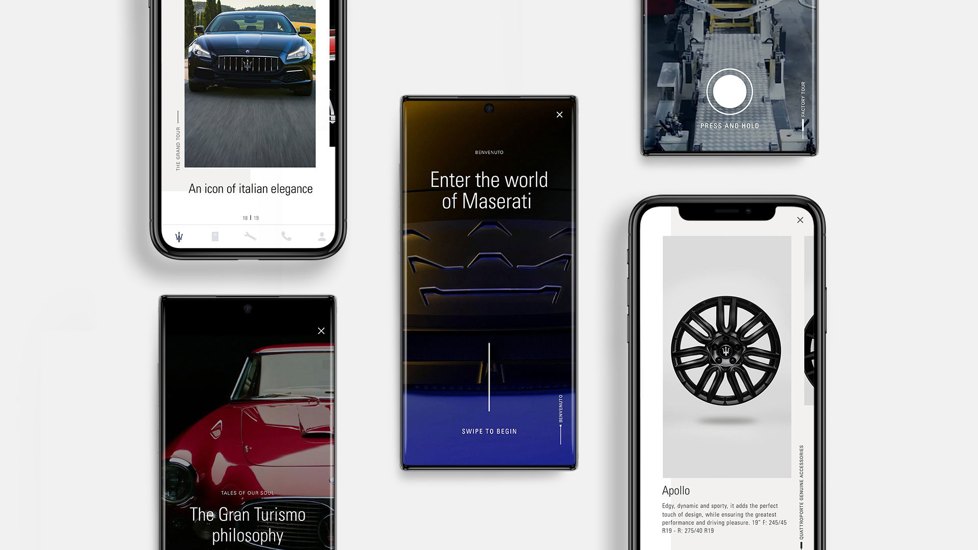 5 smartphones on a surface, different interfaces of the Maserati Connect app 