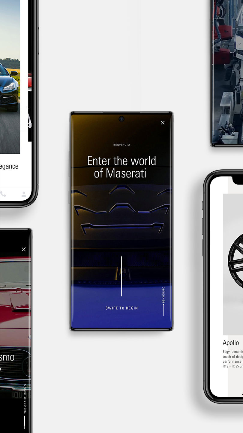 5 smartphones on a surface, different interfaces of the Maserati Connect app