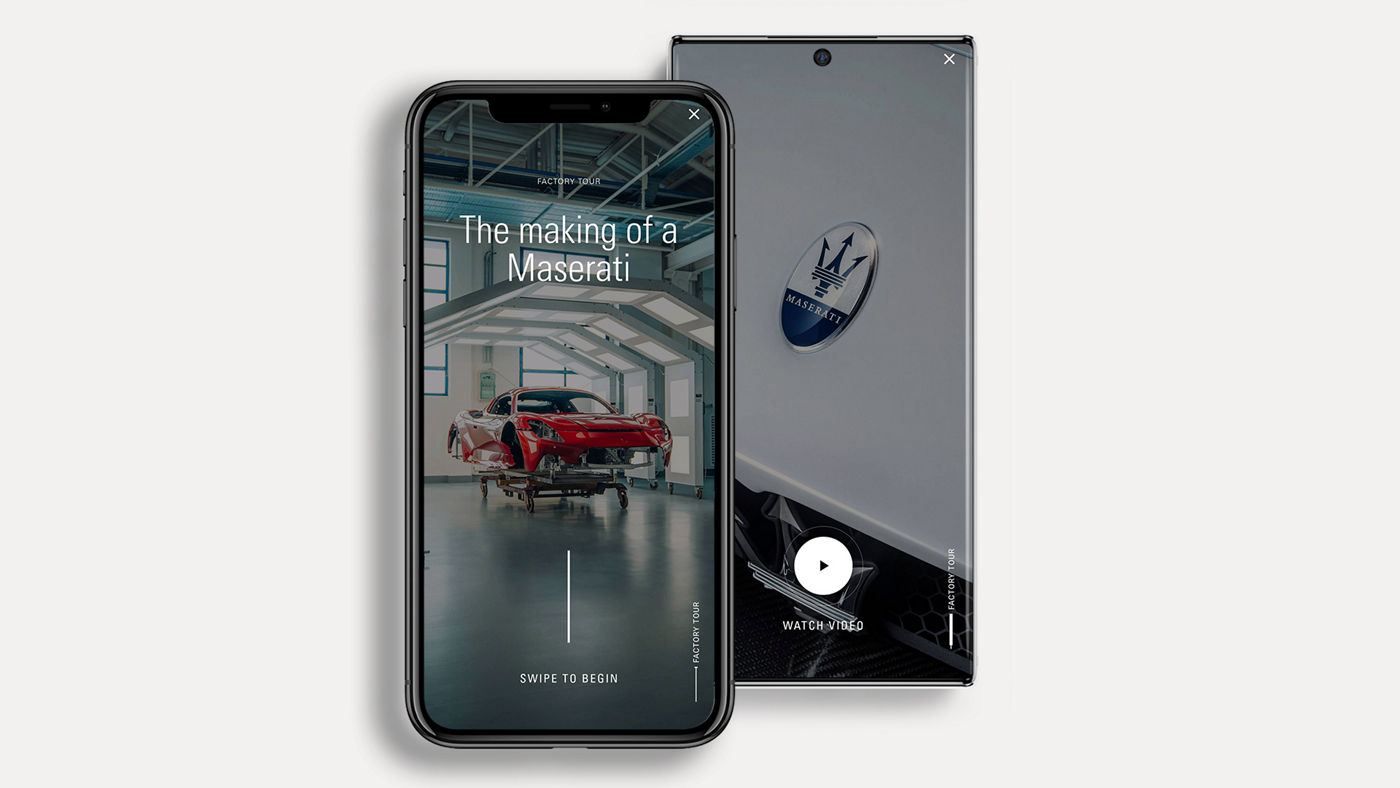 2 smartphones with details of Maserati Factory Tour