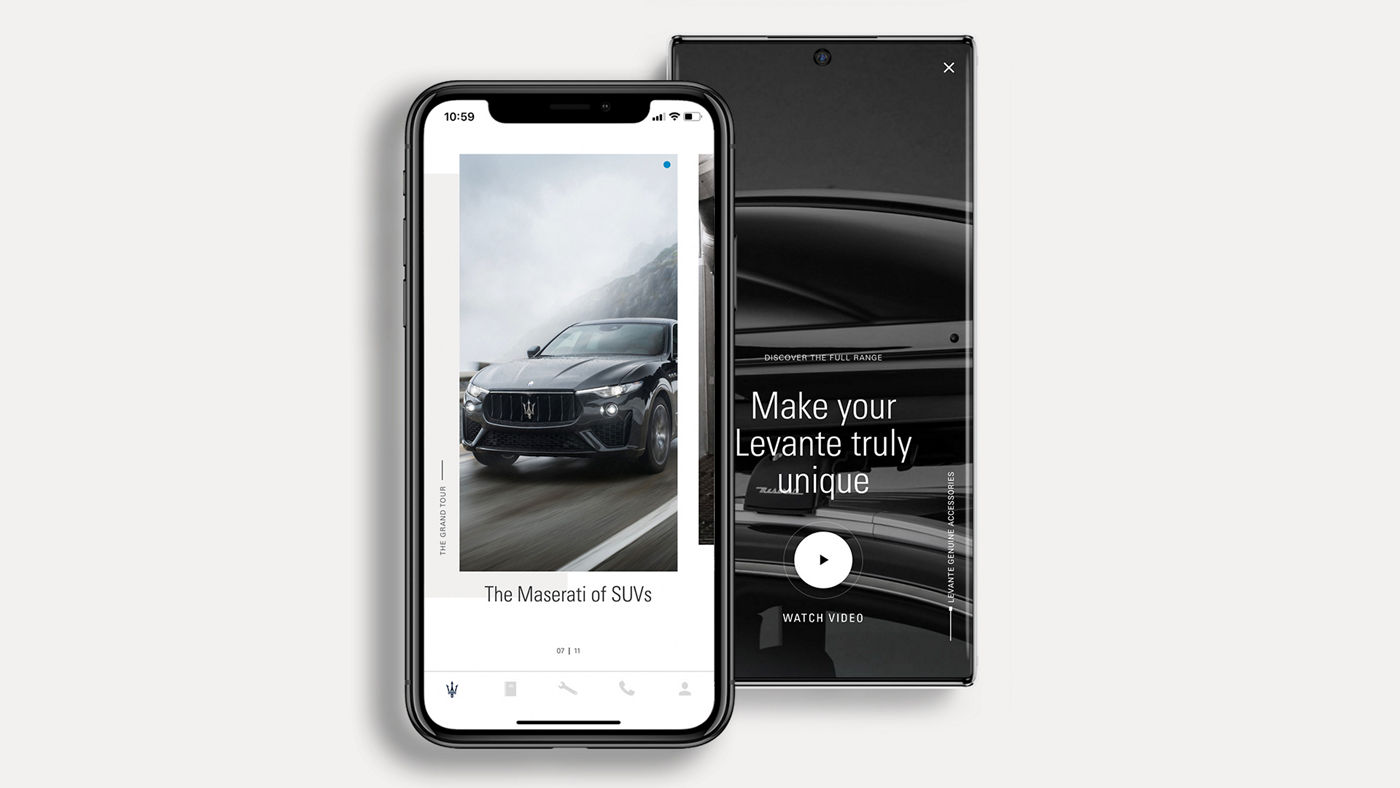 2 smartphones with details of Maserati SUV Levante