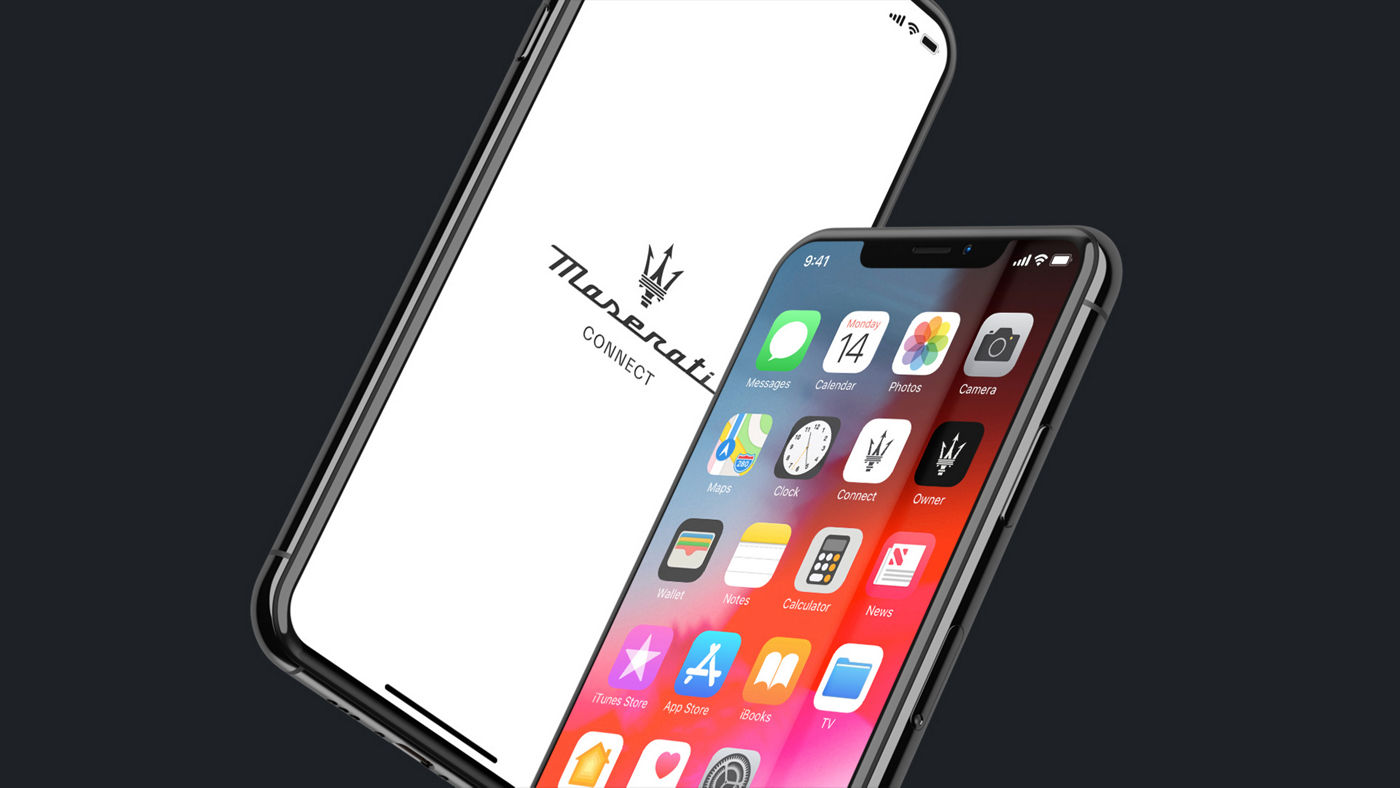 Two iphones next to each other, one with Maserati Connect screen