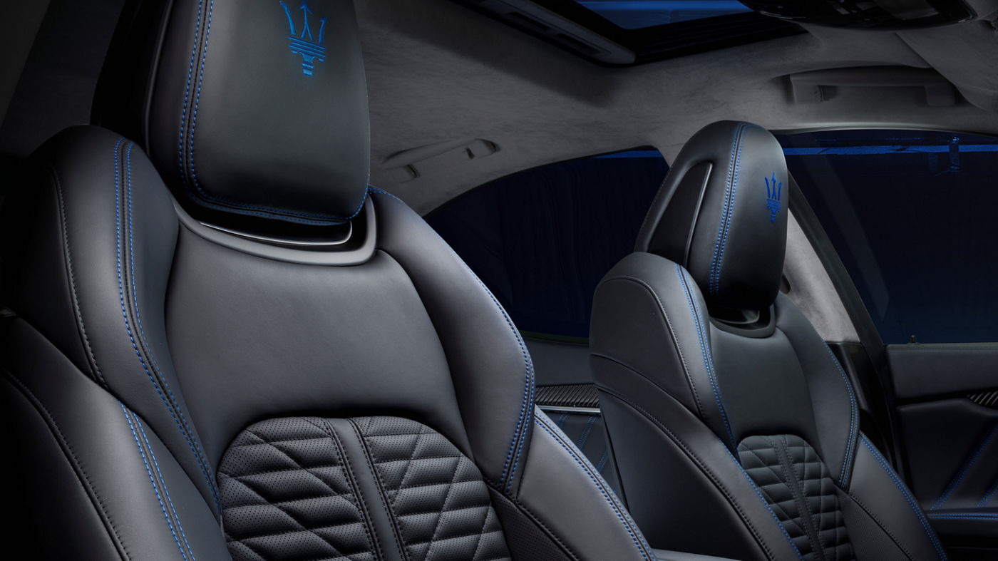 Front seats of Maserati with Blue Logo and Details