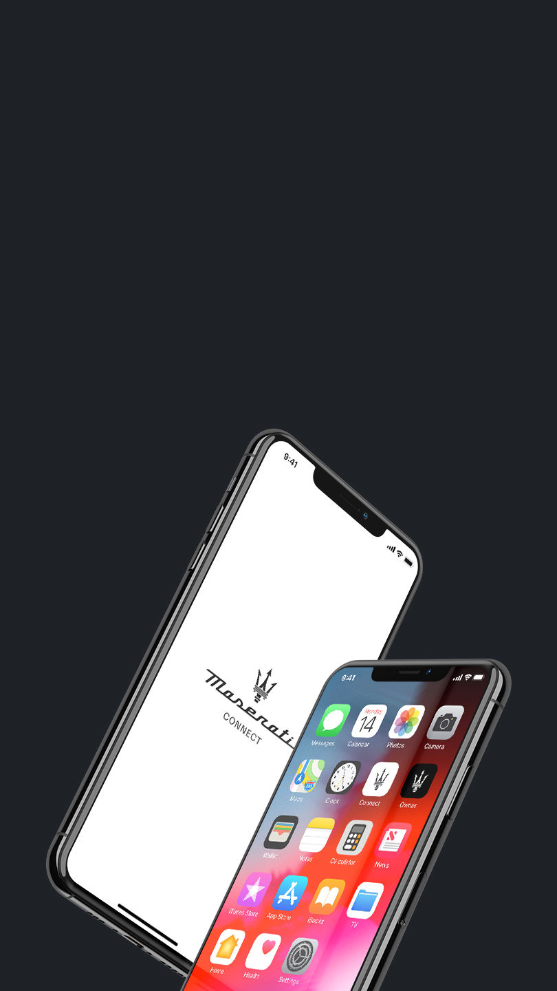 2 Iphones facing each other, one with "Maserati Connect" app