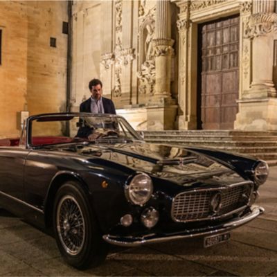 Exemplary of the historic car 'Maserati 3500 GT Spyder' on the set of the short film 'Compagni di Viaggio', shot by Ozpetek in Puglia for Maserati.