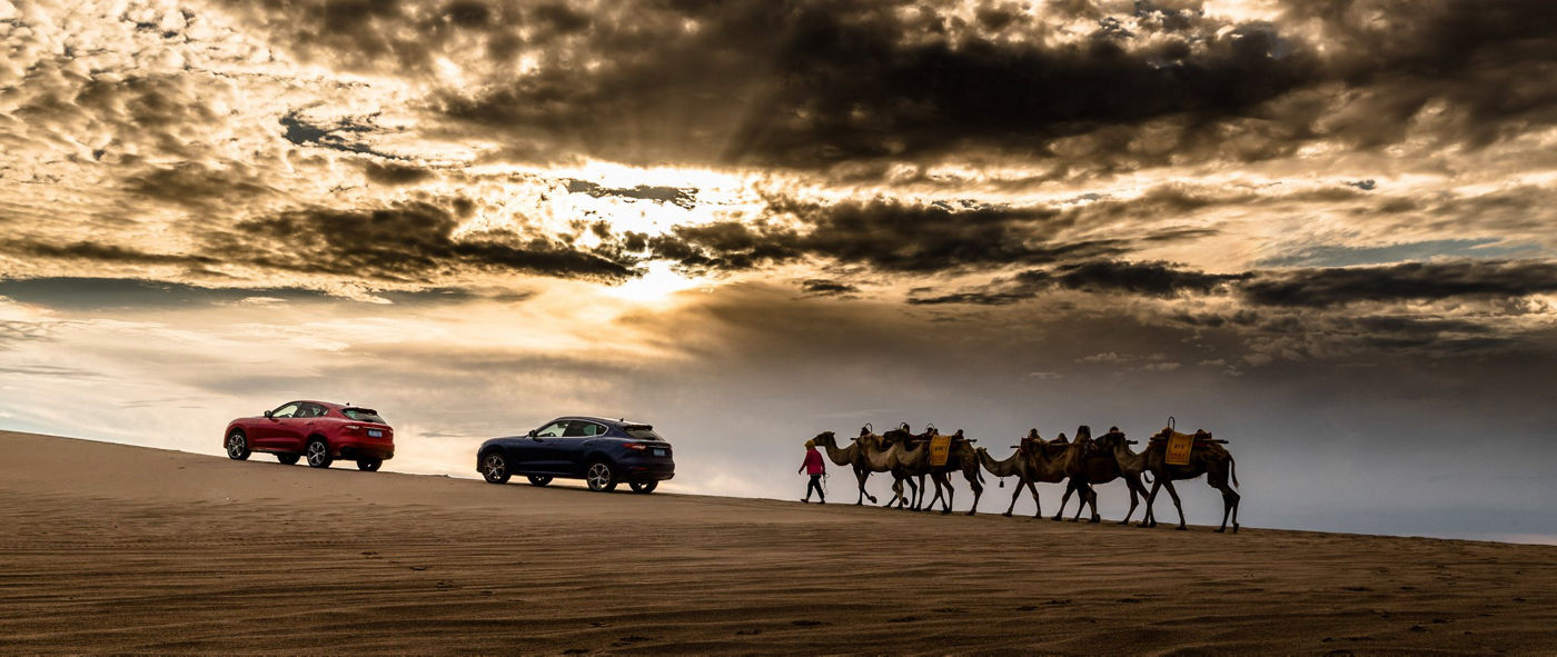 Dos modelos Maserati al lado de camellos en el desierto