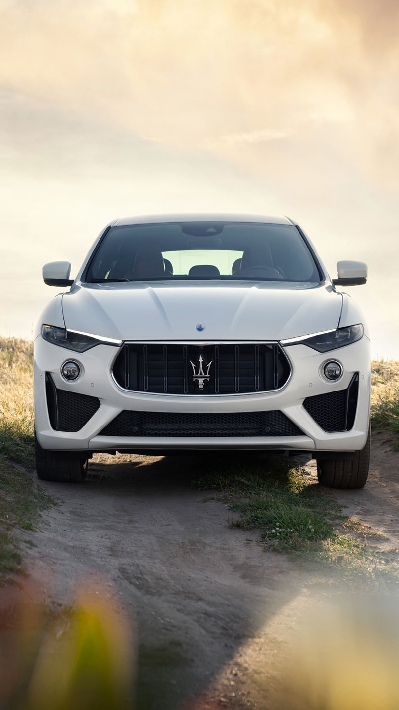 Front view of white Maserati Levante