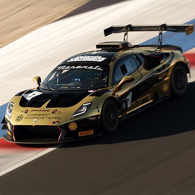 gt2-misano-2025-mauro-pampanini-roberto-calamia-running-yellow-car-front-view-squared